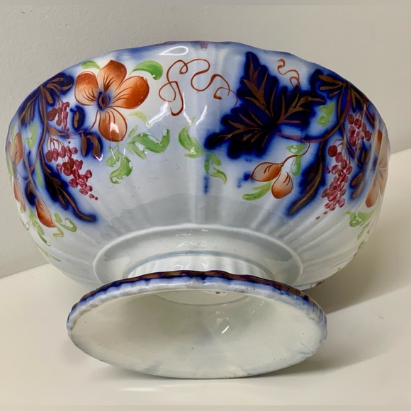 19th Century Vtg Gaudy Welsh Grape Pattern Flow Blue Lusterware Pedestal Bowl - Picture 14 of 16